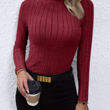 kkboxly  Solid Ribbed Mock Neck Pullover Sweater, Elegant Long Sleeve Sweater For Fall & Winter, Women's Clothing
