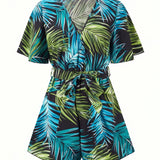 kkboxly  Boho Floral Print Belted Jumpsuit, Flutter Sleeve Deep V Neck Casual Jumpsuit For Summer & Spring, Women's Clothing