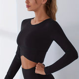kkboxly  Solid Color Asymmetrical Hem Long Sleeve Sports Crop Top, Round Neck Pullover Yoga Crop Top, Women's Tops
