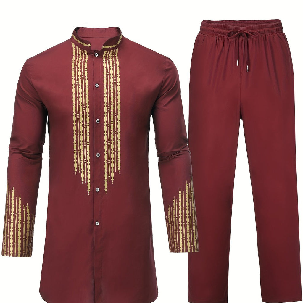 kkboxly Men's African 2 Pcs Set Long Sleeve Gold Print Cotton Dashiki And Pants Outfit Traditional Suit