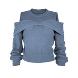 Elegant Cold Shoulder Solid Knit Sweater, Casual Crew Neck Long Sleeve Sweater, Women's Clothing