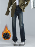 kkboxly Fleece Liner Casual Straight Jeans, High Waist Stretchy Loose Fit Denim Pants, Women's Denim Jeans & Clothing
