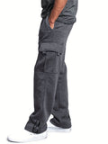 kkboxly  Plus Fleece Warm Men's Solid Loose Drawstring Cargo Pants With Multi-pocket For Winter Outdoor, All-match Pants