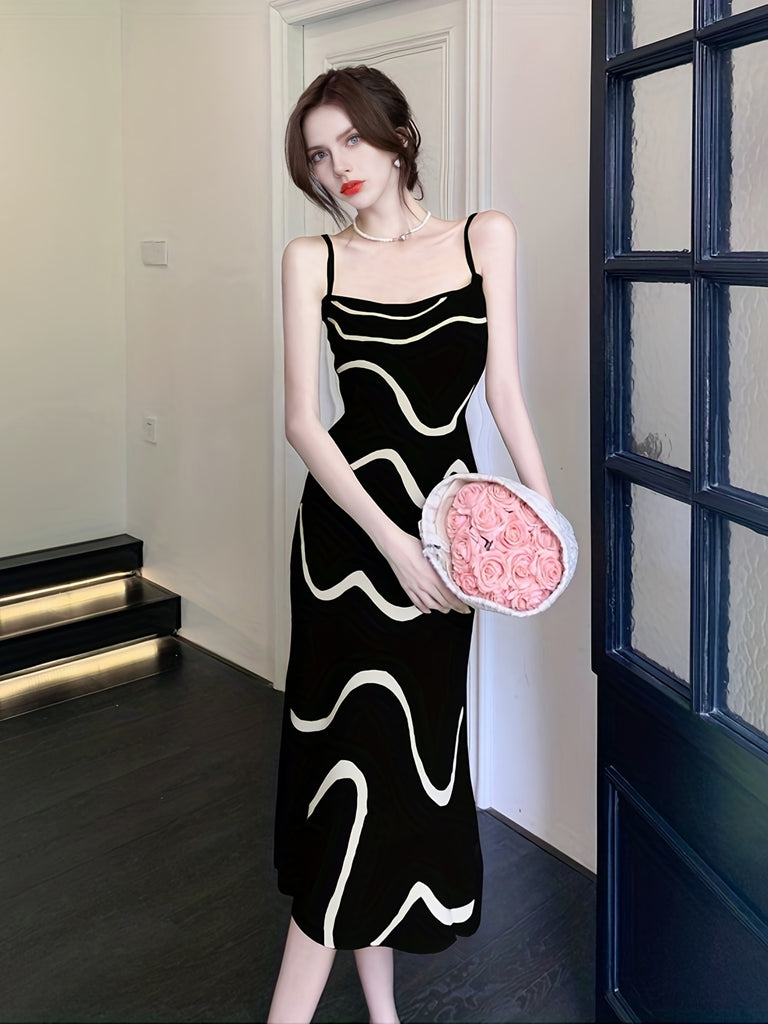 kkboxly  Wavy Striped Print Dress, Elegant Spaghetti Sleeveless Bodycon Midi Dress, Women's Clothing