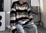 kkboxly  Crew Neck Retro Knitted Sweater, Men's Casual Warm Striped Slightly Stretch Pullover Sweater For Fall Winter