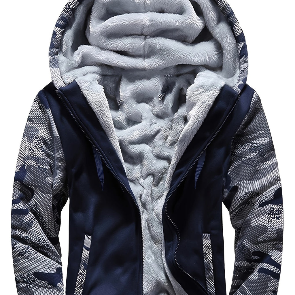 kkboxly  Color Block Camo Men's Hooded Jacket Fleece Lined Casual Long Sleeve Sherpa Lined Hoodies With Zipper Hooded Coat For Autumn Winter