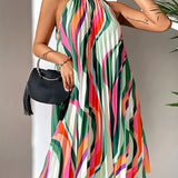Kkboxly   Striped Pleated Halter Neck Dress, Sexy Sleeveless Random Print Dress For Spring & Summer, Women's Clothing