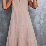 kkboxly  Round Neck Loose Big Swing Splicing Cake Dress, Casual Solid Color Sleeveless Waist Summer Dresses, Women's Clothing
