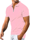 kkboxly  Solid Color Men's Casual Short Sleeves Zipper Graphic Polo Shirts, Lapel Collar Tops Pullovers, Men's Clothing For Summer