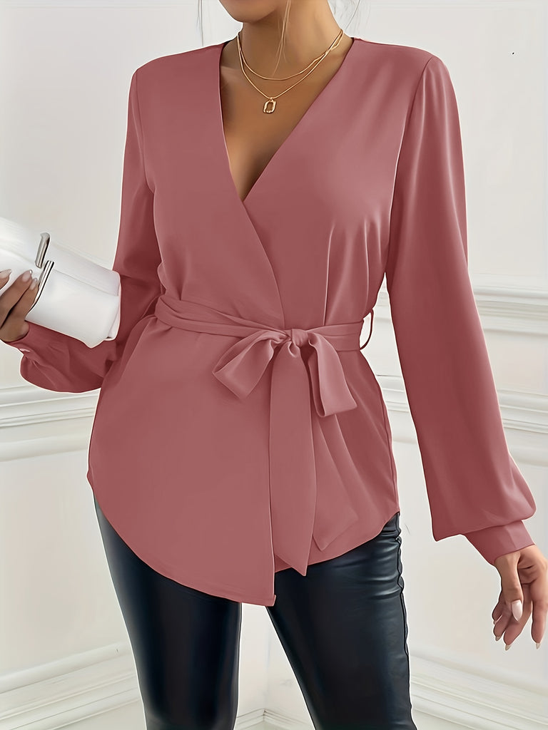 kkboxly  Solid Surplice Neck Blouse, Casual Long Sleeve Simple Blouse, Women's Clothing