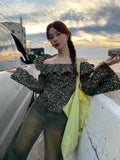 kkboxly  Ditsy Floral Print Blouse, Boho Tie Back Long Sleeve Shirred Blouse, Women's Clothing