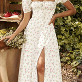 kkboxly  Floral Print Split Backless Dress, Boho Square Neck Short Sleeve Dress, Women's Clothing