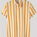 kkboxly  Men's Casual Stripe Mismatch Pattern Mandarin Collar Short Sleeve Shirt, Male Hawaiian Shirt For Summer