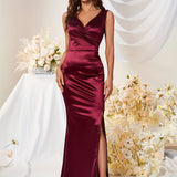 kkboxly  Solid V Neck Dress, Elegant Sleeveless Split Bodycon Dress For Party & Banquet, Women's Clothing