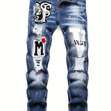 Patch Splatter Ripped Jeans, Men's Casual Street Style Distressed Slim Fit High Stretch Denim Pants For Spring Summer