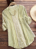 kkboxly  Plus Size Casual Blouse, Women's Plus Stripe Print Button Up Roll Up Sleeve Stand Collar Round Hem Slight Stretch Blouse