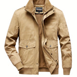 kkboxly  Men's Casual Warm Thick Jacket, Chic Cotton Stand Collar Flap Pocket Jacket For Fall Winter