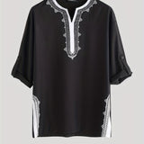 kkboxly  Men's Casual T Shirts Long Sleeve V-Neck Tees, Ethnic Style Floral Graphic Tops For Males, Vintage Loose Floral T-Shirts, Plus Size