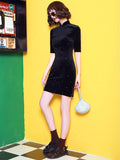 kkboxly  Chinese Vintage Split Cheongsam, Half Sleeve Mandarin Collar Dress, Women's Clothing