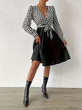 kkboxly Houndstooth Print Splicing Dress, Elegant V Neck Long Sleeve Dress, Women's Clothing