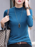 kkboxly  Solid Color Mock Neck T-Shirt, Casual Long Sleeve Slim T-Shirt For Spring & Fall, Women's Clothing