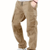 kkboxly  Men's Drawstring Multi-Pocket Heavyweight 100% Cotton Cargo Pants, Casual Pants, Straight Leg Pants, Men's Everyday, Outdoor Bottoms, Tactical Trousers