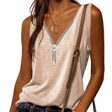 kkboxly  Casual V-neck Zipper Cami Top, Solid Fashion Sleeveless Loose Summer Fit Tank Top, Women's Clothing
