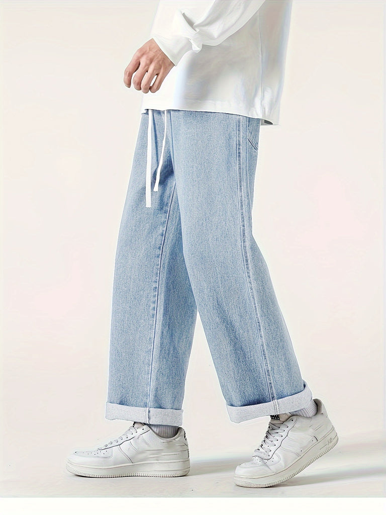kkboxly  Wide Leg Cotton Jeans, Men's Casual Street Style Loose Fit Denim Pants For Spring Summer