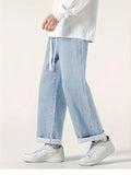 kkboxly  Wide Leg Cotton Jeans, Men's Casual Street Style Loose Fit Denim Pants For Spring Summer
