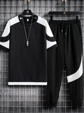 2-piece Men's Summer Street Outfit Set, Color Block Men's Short Sleeve Round Neck T-shirt & Drawstring Long Pants Set