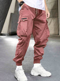 kkboxly Men's Stylish Letter Graphic Cargo Pants with Flap Pockets - Drawstring Waist for Comfort