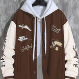 kkboxly Letter Print Varsity Jacket, Men's Casual Baseball Jacket Coat Regular Fit College Hipster Windbreaker For Spring Autumn