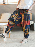 kkboxly kkboxly  Ethnic Pattern Vintage Cotton Harem Pants, Men's Casual Drop Crotch Jogging Harem Pants For Spring Summer