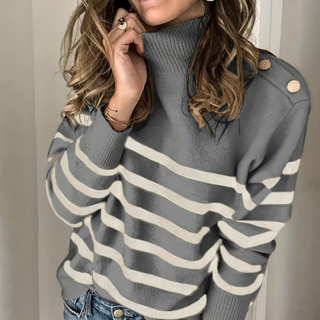 kkboxly  Striped Turtle Neck Pullover Sweater, Casual Long Sleeve Button Shoulder Sweater, Women's Clothing