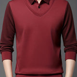 kkboxly Men's Casual Thickened Striped Long Sleeve Shirt, Faux Two-piece Pullover Sweater