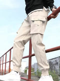 kkboxly  Men's Drawstring Flap Pocket Cargo Pants, Loose Trendy Jogger Pants