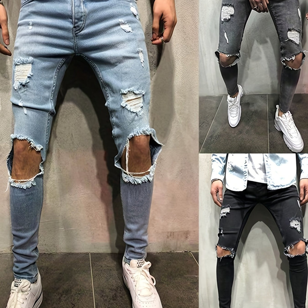 kkboxly  Slim Fit Ripped Jeans, Men's Casual Street Style Distressed Mid Stretch Denim Pants For Spring Summer