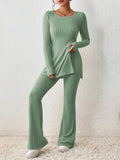 kkboxly  Solid Textured Two-piece Set, Long Sleeve Slit Long Length Top & Skinny Pants Outfits, Women's Clothing