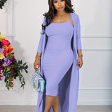 kkboxly  Casual Solid Ribbed Two-piece Dress Set, Long Sleeve Cardigan & Bodycon Cami Dress Outfits, Women's Clothing