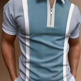 kkboxly  Stripe Print Men's Casual Short Sleeves Zipper Color Block Polo Shirts, Lapel Collar Tops Pullovers, Men's Clothing For Summer