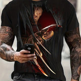 kkboxly Men's Halloween Horror Element Pattern Print Short Sleeve T-shirt, Summer Male Clothing Stylish Round Neck Tees