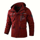 kkboxly  Windbreaker Hooded Jacket, Men's Casual Zip Up Multi Pocket Jacket Coat For Fall Winter Outdoor Activities