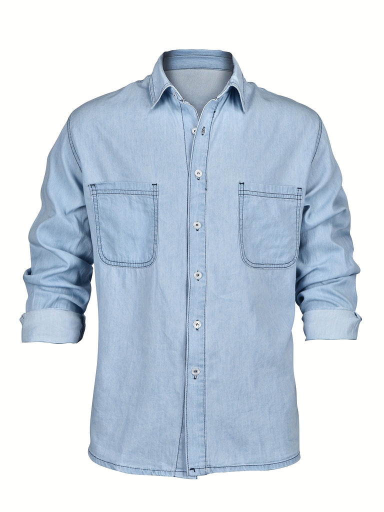 kkboxly  Men's Casual Button Up Long Sleeve Denim Shirt With Chest Pockets, Men's Clothes For Spring Summer Autumn, Tops For Men