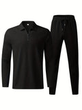 kkboxly  Waffle Pattern Men's 2Pcs Outfits, Casual V Neck Shirt Long Sleeve Pullover Sweatshirt And Drawstring Sweatpants Joggers Set For Spring Fall, Men's Clothing
