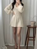 kkboxly  Cable Knit Sweater Dress, Casual V Neck Long Sleeve Dress, Women's Clothing