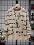 kkboxly  All Match Knitted Sweater, Angel & Eternal Print Men's Casual Warm Slightly Stretch Crew Neck Pullover Sweater For Fall Winter