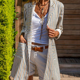 Striped Open Front Blazer, Elegant Long Sleeve Lapel Blazer, Women's Clothing