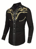 kkboxly 98% Cotton Elegant Western Cowboy Men's Casual Long Sleeve Embroidered Shirt, Men's Shirt For Spring Fall Vacation Resort, Tops For Men