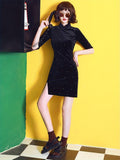 kkboxly  Chinese Vintage Split Cheongsam, Half Sleeve Mandarin Collar Dress, Women's Clothing