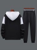 kkboxly  2pcs Men's Casual Zip-up Hooded Jacket And Color Block Jogger Pants With Zip Pockets